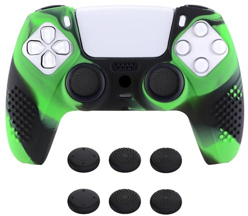 eXtremeRate PlayVital Coque pour ps5 Protection Manette Grip,Housse Silicone pour ps5 Controller Cover Skin avec Capuchon Joystick-Vert & Noir,Édition Cloutée 3D