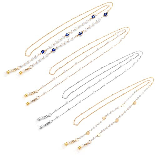 Zasvec Brillenkette Damen 4 Stück Brillenkette Sonnenbrillen Brillenkette Perlen Brillen Kette Gold Brillenbänder in Ketten Brillenhalskabel Elegante Brillen Halter Brillenkette