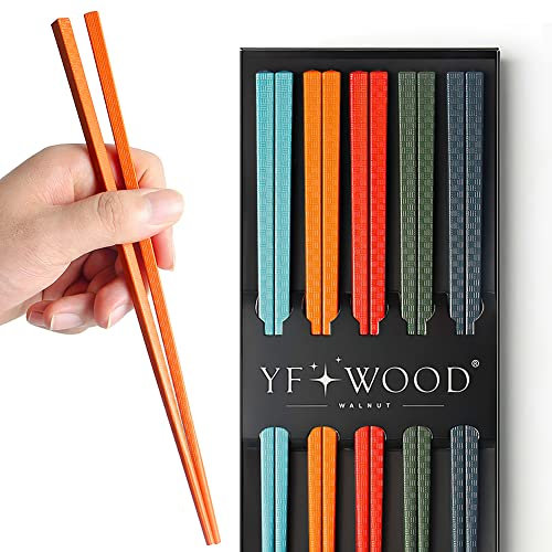 Lot de 5 paires de baguettes en fibre de verre avec une boîte en papier kraft, 24 cm, passent au lave-vaisselle, antidérapantes, pour adultes (5 couleurs)