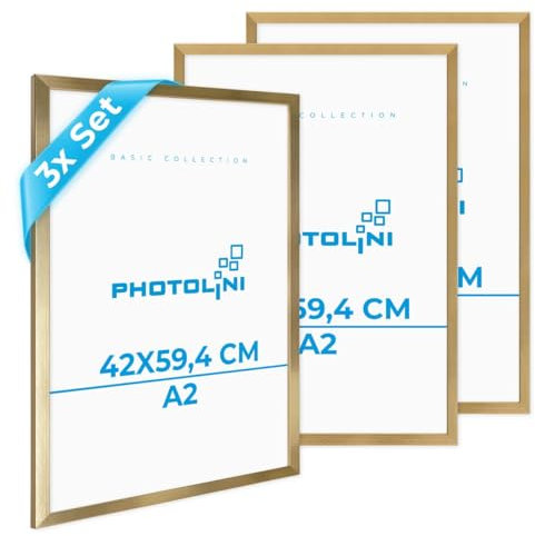 PHOTOLINI Cadre A2 42 x 59,4 bois MDF doré, lot de 3 cadres photo pour posters et affiches, verre acrylique incassable, décoration murale à suspendre, avec accessoires supplémentaires