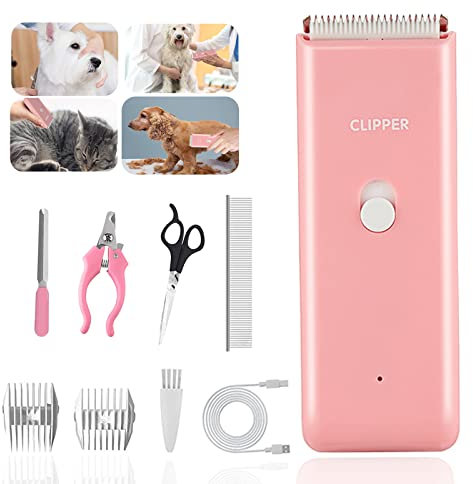 Dog Grooming Kit Electric Pet Paw Trimmer Low Noise Cordless Dog Clippers for Home Cat Hair Grooming,Waterproof Pet Grooming Tools with 9-Pieces (Pink)