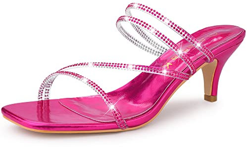 Allegra K Women's Rhinestone Strappy Kitten Heels Slide Sandals Hot Pink 5 UK/Label Size 7 US