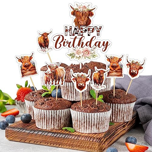 Talandale 25 Pcs Highland Cow Cake Topper Set, Birthday Decorations for Farm Animal Zoo Boy Girl Party