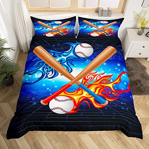 Manfei Baseball Duvet Cover Set Single Size, Red and Blue Fireball Comforter Cover with 1 Pillowcase, Sports Gaming Theme Bedding Set 2pcs for Kid Boys Teens Bedroom Decor Lightweight Bedspread Cover