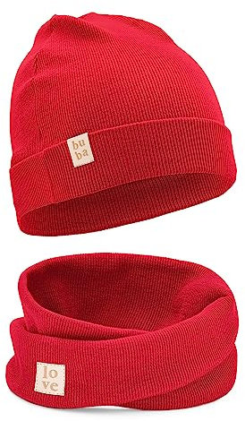 Bubalove Mützen und Schalset für Jungen, Mädchen, Baby, Größen 0mc bis 12 Jahre+ viele Farben, Frühlings-, Herbstsets, Baumwollmützen, handgenäht (52-56, rot)