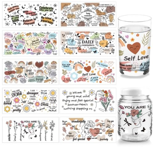 arricraft 10 Stück 10 Stile UV DTF Cup Wrap Transfer Aufkleber, PVC-Glasbecher-Transferpapier Inspirierende Worte Rub-On-Transfers Vintage-Wrap-Aufkleber Wasserfeste Rub-Abziehbilder Zum Basteln