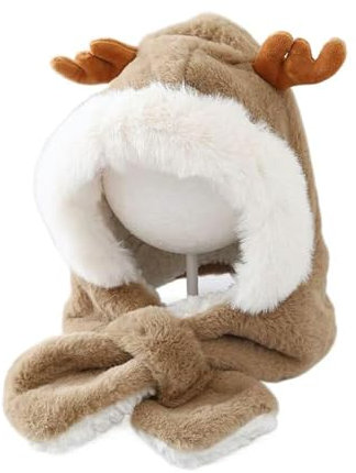 Wintermütze, Geweih, Einteiler, Mütze, Schal, weiche Plüschmütze, khaki, Einheitsgröße