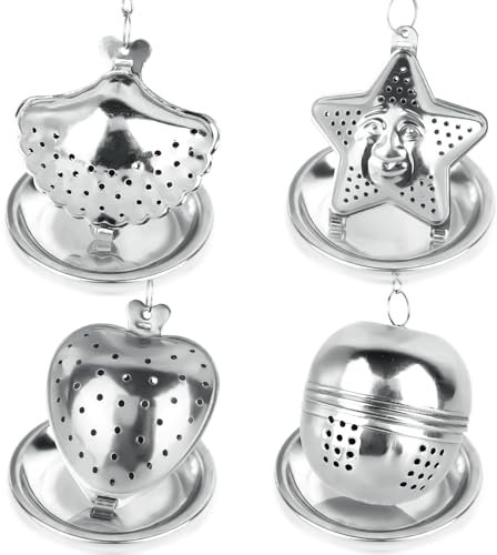 4 Stück Teesieb für Losen Tee, Edelstahl Teefilter Tasse Tee Infuser mit Deckel und Abtropfschale, Feinmaschiger Teefilter mit Kette, Lustig Teefilter Tee Ei Sieb, Gewürzsieb Teesieb for Teekannen