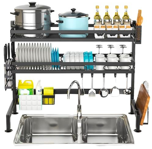 Égouttoir à vaisselle sur évier, grand égouttoir à vaisselle à 3 niveaux pour évier de cuisine, étagère au-dessus de l'évier, organisateur de rangement avec porte-ustensiles et planche à découper