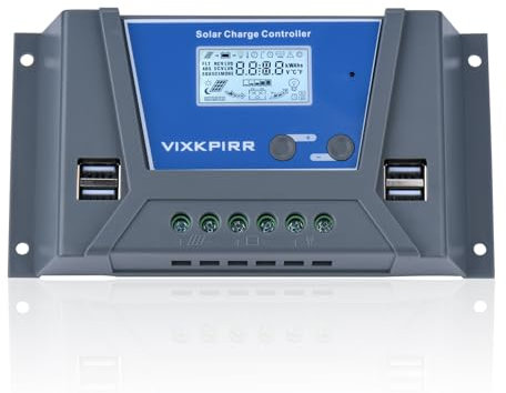 VIXKPIRR 20A Solar Laderegler 12V 24V Solarregler, PWM 20A Solarladeregler mit Temperatursensor LCD Anzeige und 4 USB Ports,Geeignet Multi 12V 24V Blei Batterien und Lithium Batterien