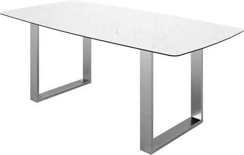 DELIFE Esszimmertisch Edge Bootsform Keramik Laminam® Statuarietto Weiß 200x100 Edelstahl Schmal