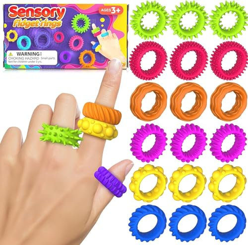 Fidget Sensory Rings for Autism, SMALL FISH 18 Pack Fidget Ring Sensory Finger Toys for Kids Adults - Anxiety Relief Toy Fidget Finger Rings for ADHD Classroom