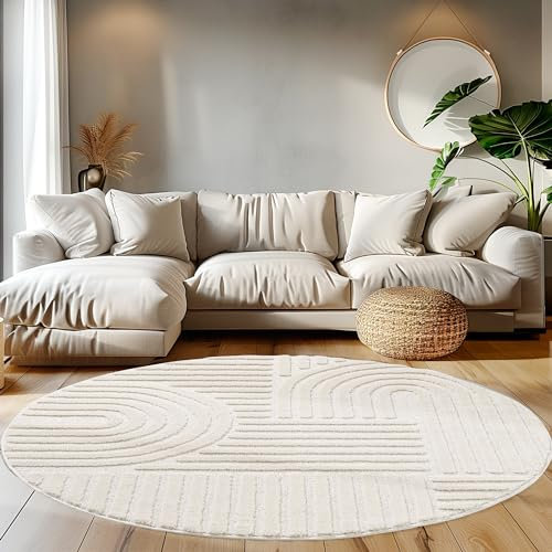 Teppium Tapis Salon Moderne Crème 120 cm Rond - Style Scandinave, Conception Bohème Moelleux - Tapis Cuisine Moquette Salle de Sejour