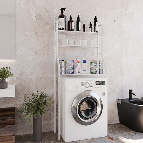 Scaffale Bagno 3 Mensole Sopra Lavatrice In Metallo 152 x 65 x 25 Cm Bianco Ripiano Superiore Mobile Lavanderia Salvaspazio Ripiani Per Appoggio Organizer Da Parete Per Detersivi Sapone Bagno