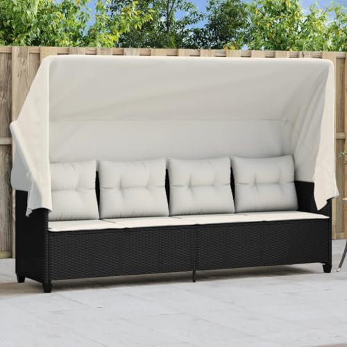 HEFZGDB Sonnenliege mit Dach und Kissen Schwarz Poly Rattan Feldbett Gartenliege Strandkorb Geeignet für Pool, Terrasse, Garten.
