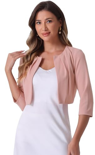Allegra K Coprispalle plissettato senza colletto per donna manica a 3/4 coprispalle aperto davanti crop cardigan, rosa, XS