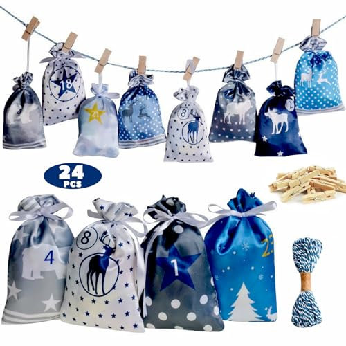 2024 Adventskalender zum Befüllen Stoffbeutel, 24 Adventskalender Selber Befüllen und Aufhängen, Groß Adventskalender Stoffsäckchen mit Blau Grau Stoff Säckchen für Männer Frauen Kinder