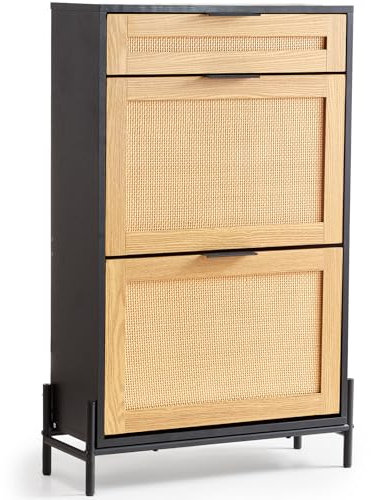 VEVOR Schuhschrank Schuhkommode aus Rattan mit 2 Klappschubladen & 1 Ausziehschublade, Metallbeine, schmaler Schuhschrank ideal für Eingangsbereich Diele Schrank Flur Schuhkipper Schwarz