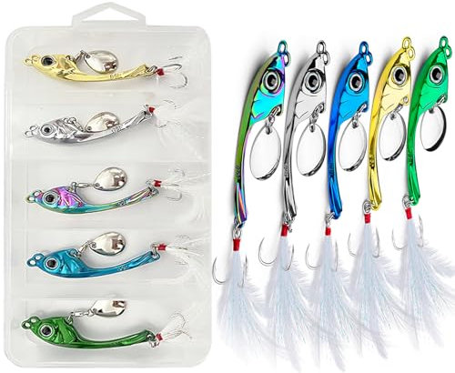 Yixinly 5 Stück Jig Spinner Set 15g in Köderbox, Angeln Metall Löffel Köder Spinner Bleikopfspinner für Barsch Hecht Zander Döbel, Angelköder für Süß- und Salzwasser (5 Farben)