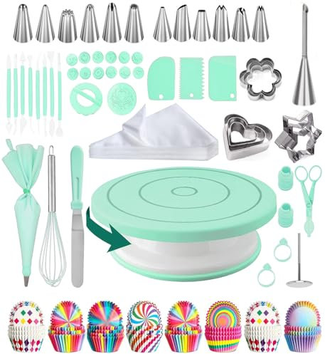 Jemkgeik Torten Zubehör, Backzubehör,Torten Zubehör Set,Tortenplatte Drehbar,Tortenplatte,Backen Zubehör,Kuchen Zubehör für Anfänger und Profis - Cake Stand, Drehteller Torte & Kuchen Zubehör(Grün)