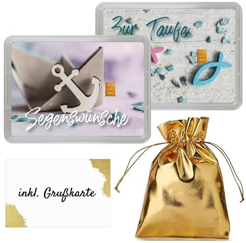 Gold zur Taufe verschenken - Goldbarren 0,5g in Geschenk Motivbox “Segenswünsche zur Taufe” - Feingold - Echtheitsgarantie