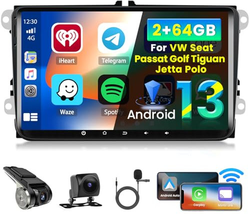 Inefala 2+64G Stereo para VW Seat Passat Golf Tiguan Jetta Polo Android 15 con Wireless Carplay y Android Auto, 9'' Radio Pantalla con Bluetooth DSP 28UI GPS FM/RDS SWC AHD Cámara Inversa