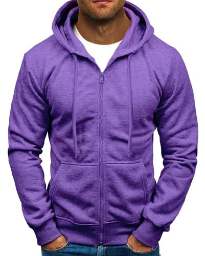 Felpa da uomo, casual, tinta unita, alla moda, con cappuccio e cerniera, Lilla, 3XL
