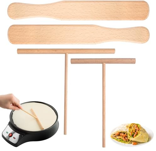 4 Piezas 12/18 cm Distribuidor de Crepes de Madera de Haya, Distribuidor de Masa, Espátula Crepe, Accesorios para Crepes en Forma de T, Utensilios de Repostería para Tortitas y Tortitas Finas