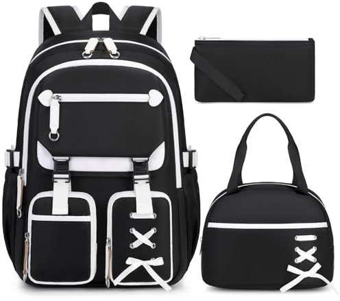 Tanou Schulrucksack Mädchen Teenager, 3-teilig Lässiger Schulranzen für Mädchen mit Lunchpaket Mäppchen, Stilvoll Mehrere Fächer Kinder Schultasche Casual Daypack, Schwarz