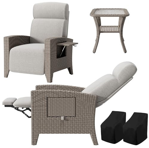 Fiutazge 2 Stück Relaxliege Rattansessel mit Dickes Sitzkissen,Gartensessel Verstellbare Rückenlehne,Balkontisch,Abdeckung,Rattan Sonnenliege für Innen/Außen-Braun Rattan und Beige Sitzkissen