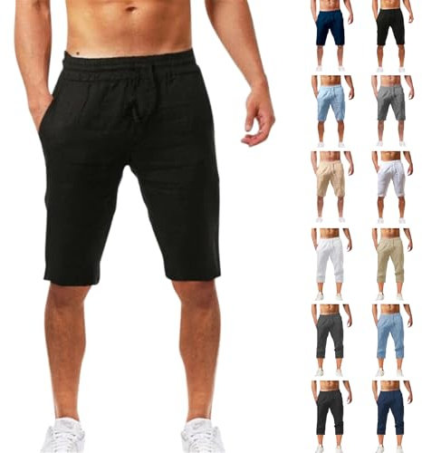 Uwdiohq Day Prime Sommer Freizeit Leinen Shorts Herren Beach Short Mit Taschen Cargo Leicht Hose Leinenhose Kurze Elastische Taille Laufshorts Männer Jogginghose Fitnesshose Sport Sportshorts