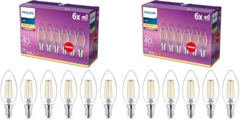 Philips LED Classic E14 Lampen 6-er Pack (40 W), LED Lampen mit warmweißem Licht, energiesparende LED Beleuchtung mit langer Nutzlebensdauer, Warmweiß (Packung mit 2)