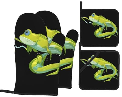 WHJDPP Green Baby Fish Prints Oven Mitts and Pot Holders Sets - Heat-Resistant, Waterproof, and Durable Kitchen Baking Four-Piece Set