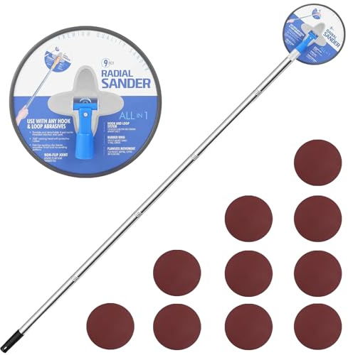 Drywall Pole Sander, 9 Inch Radial Sander with Adjustable Extension Pole, 360°Rotatable Round Circular Hand Sanding Head for Ceilings & Walls, Includes 10pcs Sanding Sheets (80,100,120,180,240 Grit)
