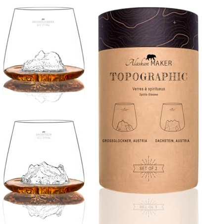 Whiskygläser 350 ml (2 Stück) – hochwertiges Borosilikatglas, handgeblasen mit geprägten Bergen | Tulpenform | TOPOGRAPHISCHE Spirituosen (Österreichische Berge)