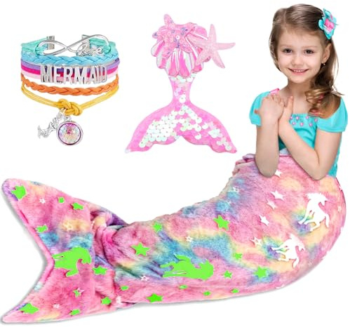 SACBRZZ Meerjungfrauenflosse Mädchen Decke, Glow in The Dark Meerjungfrauen Decke Mädchen, Flanell Fleece Decken Regenbogen Ombre Design Mit Armbänder Und Haarnadeln (rosa Farbe)