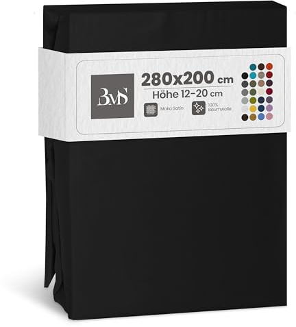Bettwaesche-mit-Stil Familienbett Spannbettlaken Mako Satin Spannlaken Spannbetttuch (280x200 cm, Matraztenhöhe 12-20 cm, Schwarz)