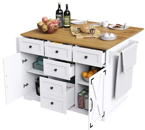 FammyLoft Kücheninsel auf Rollen, Kücheninsel mit Klappbarer Arbeitsplatte, 6 Schubladen und Schrank, Küchenrollwagen mit Holzmaserung für Küche, Esszimmer, Mobiler Buffetschrank, Weiß
