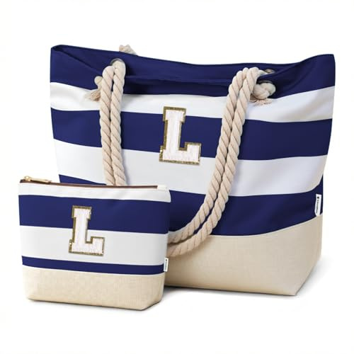 Vavabox Initial Beach Bag with Zip＆Pockets, Personalised Gifts for Women | Waterproof Foldable Large Beach Tote Bag Set for Travel Swimming Pool, Holiday Essentials