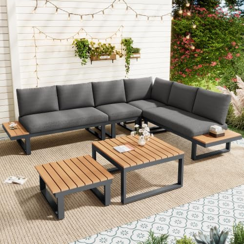 vutizal Gartenmöbel Set Ecksofa 5‑Fach Liegefunktion modulares Sofa 2 WPC‑Tische stapelbar verzinkter Stahl Ablagefächer 150kg wetterfest 252x195x76cm