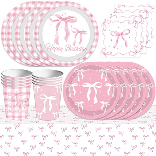 51PCS Pink Bow Birthday Decorations, Party Tableware with Paper Plates Napkins Cup Banner Pink Bowknot Birthday Party for Bridal Girls Shower Bachelorette Party Supplies, Favors 10 Guests