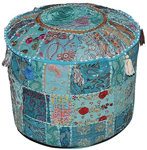 Aakriti Indian Pouf Fußhocker mit Stickerei Pouf, indische Baumwolle, Pouffe osmanischen Pouf Cover mit ethnischem Dekor Kunst - Cover (Turquoise, 56x35 cms)
