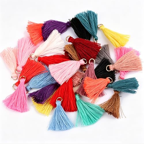 100 Stück Mini Quasten Anhänger 3cm bunt DIY Basteln Schmuck Zubehör | Fransen mit Befestigungsring, Weich, Handwerk Zubehör für Ohrring Basteln, Armbänder, Schlüsselanhänger