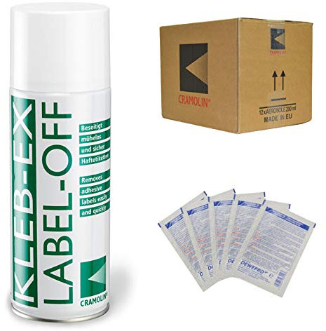 KLEB-EX – VPE: 12 x 200 ml – Solvente colla e solvente per etichette – ITW Cramolin – 1341411 – Rimuovi etichette e colla con 5 pezzi DEWEPRO® SingleScrubs