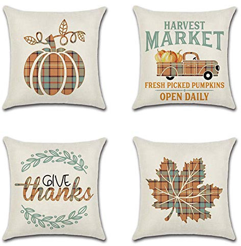 Artscope 4er-Set Dekorativ Kissenbezug 45 x 45 cm, Herbst-Thema Polyester Leinen Kissenbezüge Dekokissen Kissenhülle Set Kissen Fall für Sofa Auto Schlafzimmer Zuhause Dekor (Kürbis - G)