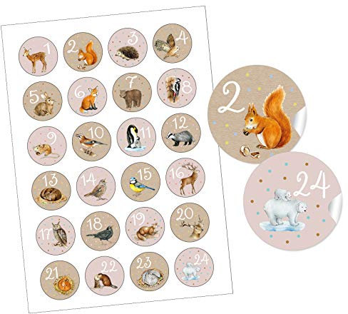 24 STICKER Adventskalender Zahlen TIERE ROSA BRAUN Waldtiere Wintertiere für Adventskalender basteln Weihnachten Adventszeit Geschenke Kindergeburtstag Waldkindergarten Schulanfang Format 4 cm, rund