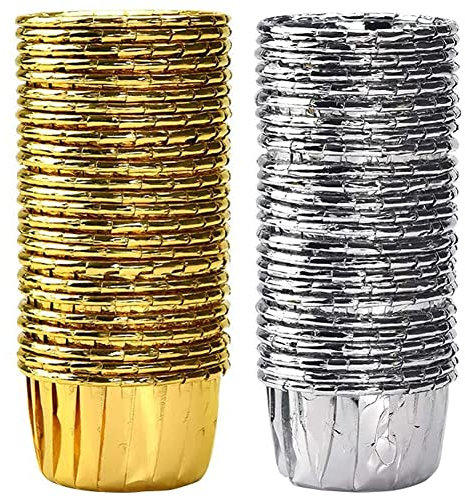 NALCY Pirottini da Forno in Alluminio, 100 Pezzi USA e Getta per Muffin e Cupcake, Mini Stampi (Oro e Argento)