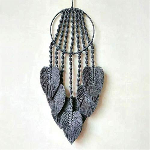 AMIPOS Traumfänger aus gewebter Baumwolle, Makramee mit Federn und Pompons, Bohemian Home Decor (Grau)