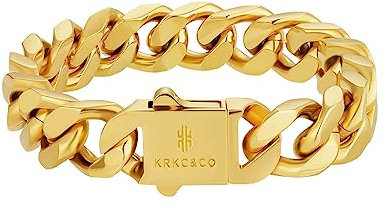 KRKC&CO 8mm/10mm/12mm/14mm Cuban Link Curb Bracelet for Men, 18K Gold/White Gold Miami Mens Bracelets, Durable Urban Street-wear Hip Hop Bracelet for Men 7/7.5/8/8.5/9 Inches