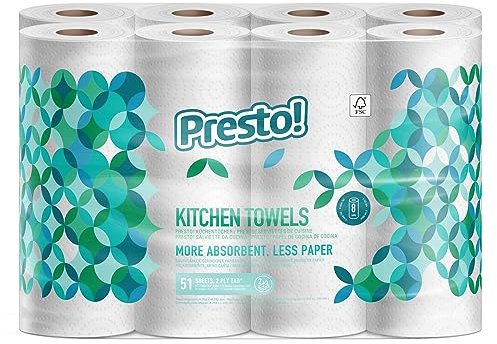 Marque Amazon - Presto! Essuie-tout TAD, Extra Absorbant, 8 Rouleaux (1 Paquet de 8), 51 Feuilles par Rouleau, Essore et Réutilise, Certifié FSC